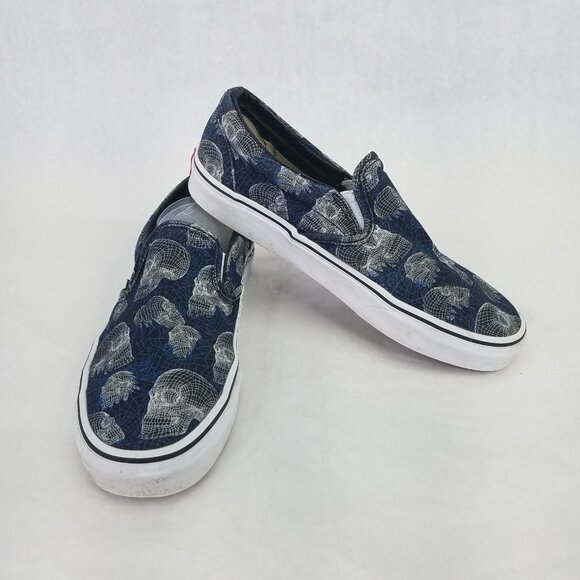 VANS Classic Slip On Wireframe Skull Blue Canvas Sneakers Women's 8 Men's 6.5 - Picture 1 of 13